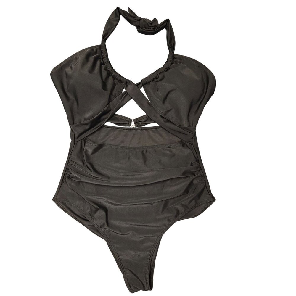 Unbranded‎ Black Halter One-Piece Swimsuit With Cross Front & Gold Clasp